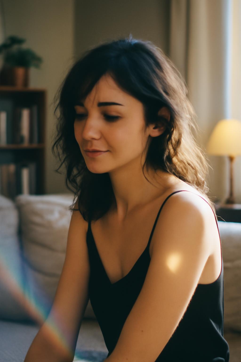 Image représentant une femme assise sur un canapé, en lingerie noire, avec un regard pensif, illustrant le thème de La femme mariée et le livreur — mais avec une vraie psychologie dans le contexte d'un récit de désir et de rencontres