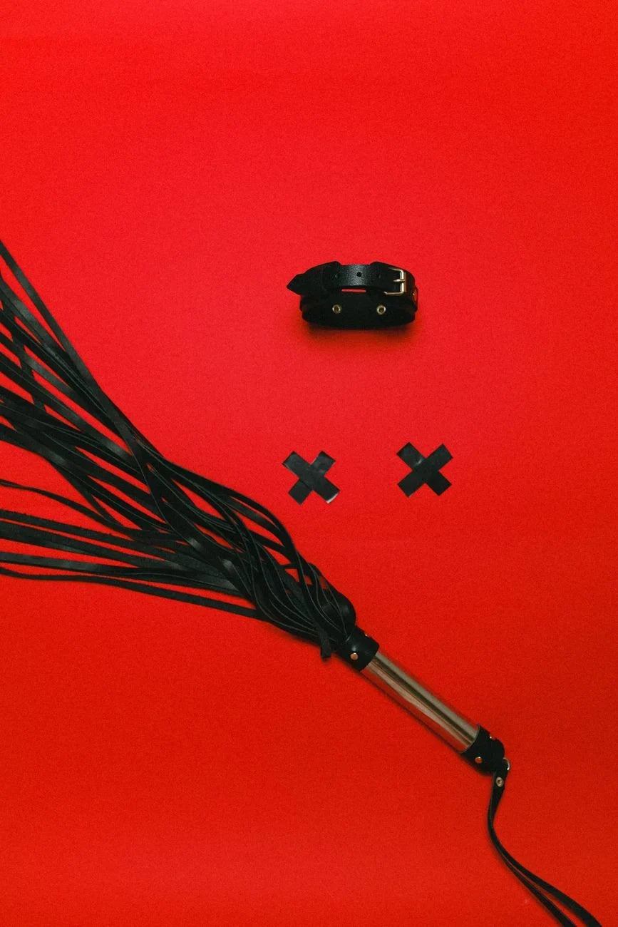 Accessoires BDSM érotiques avec un collier en cuir et un fouet sur un fond rouge frappant, mettant en avant des thèmes fétichistes.