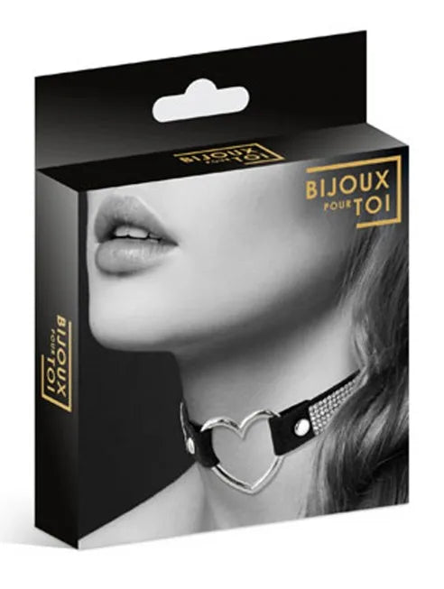 Fournisseur dropshipping Bijoux Pour Toi Collier en cuir noir SM avec bande de strass et coeur métal argenté