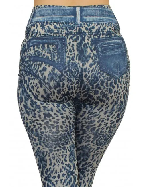 Grossiste dropshipping Legging bleu effet jean délavé imprimé léopard