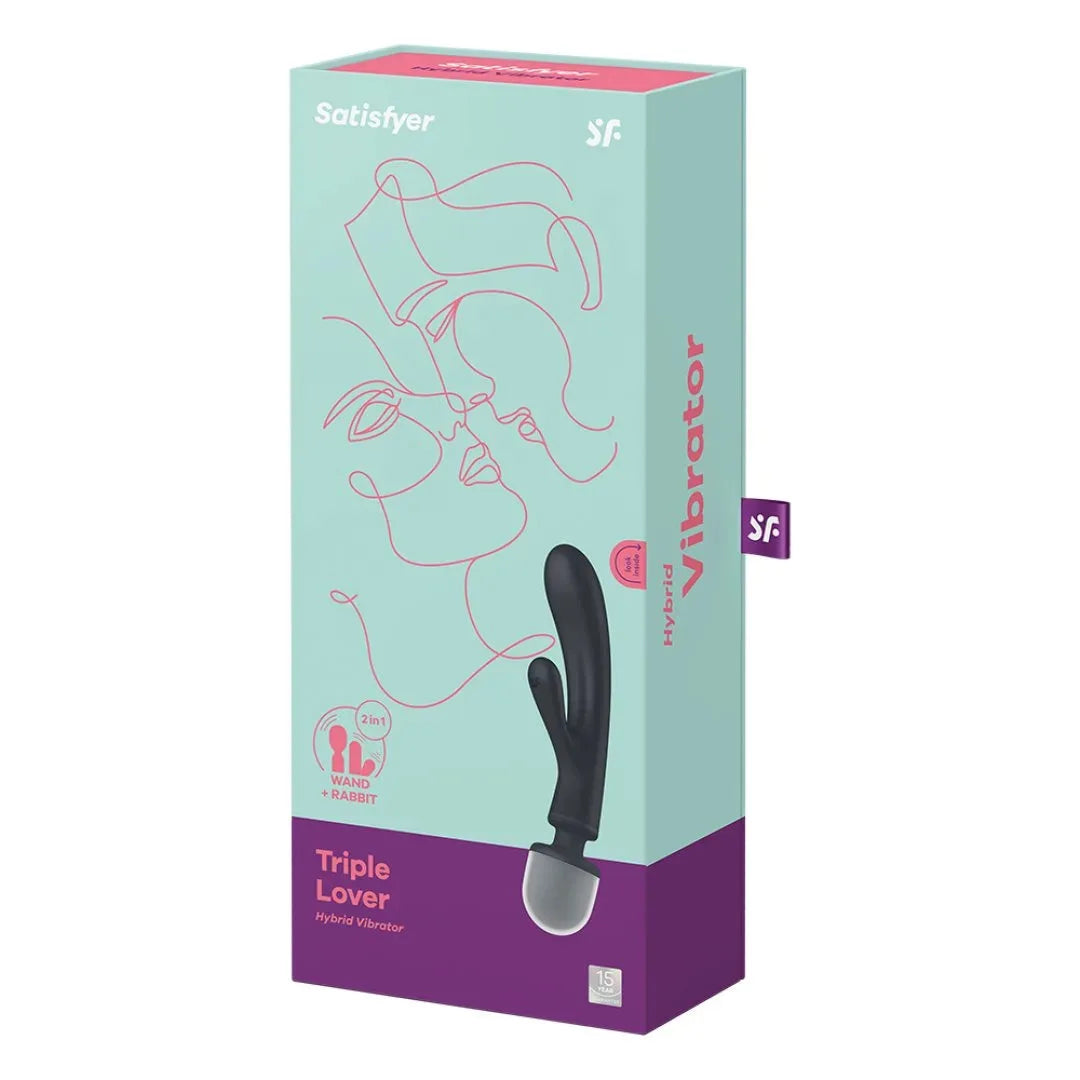 Vibromasseur hybride noir 2-en-1 wand et rabbit, USB, Triple Lover, Satisfyer.