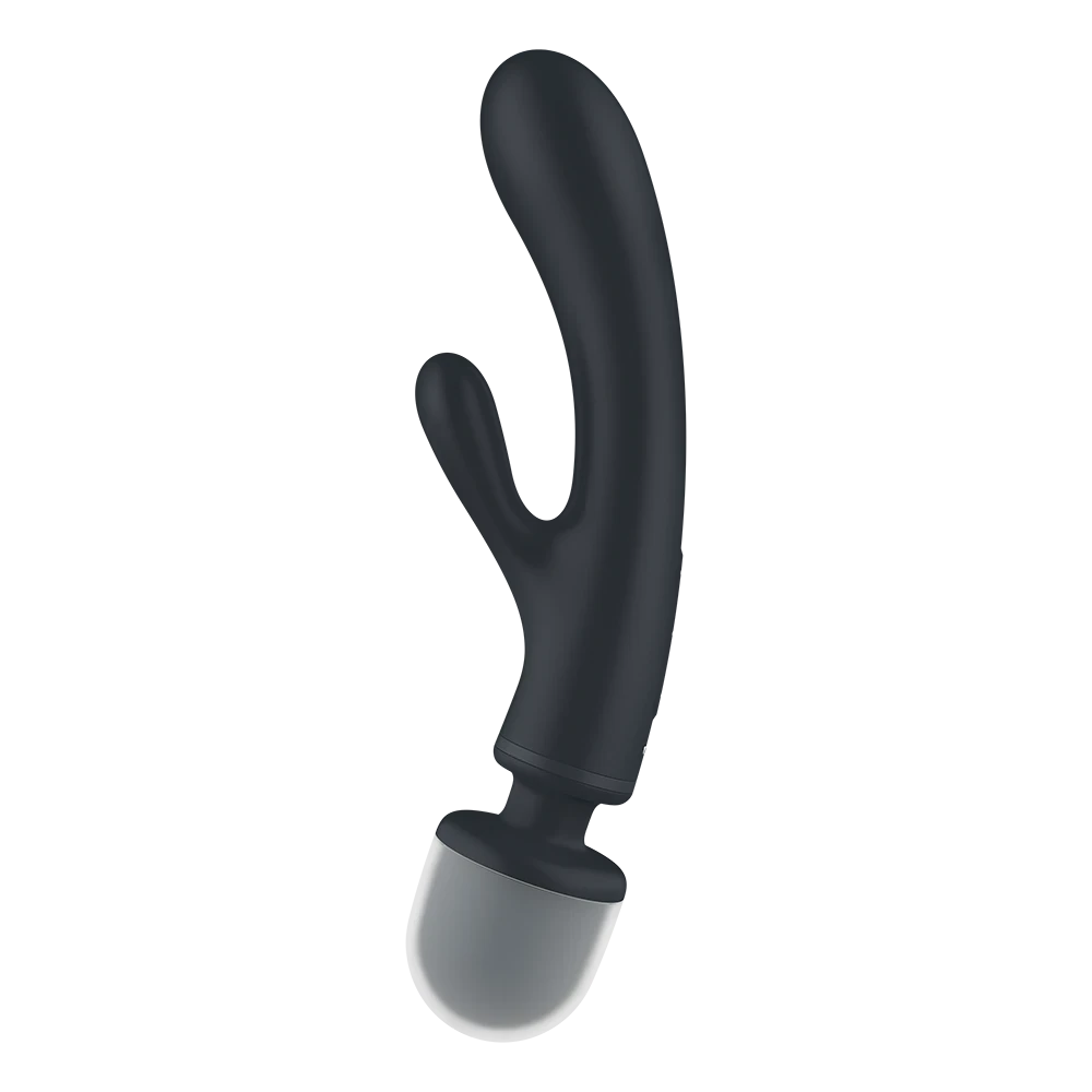 Vibromasseur ergonomique silicone noir, double stimulation rabbit et wand, rechargeable USB.