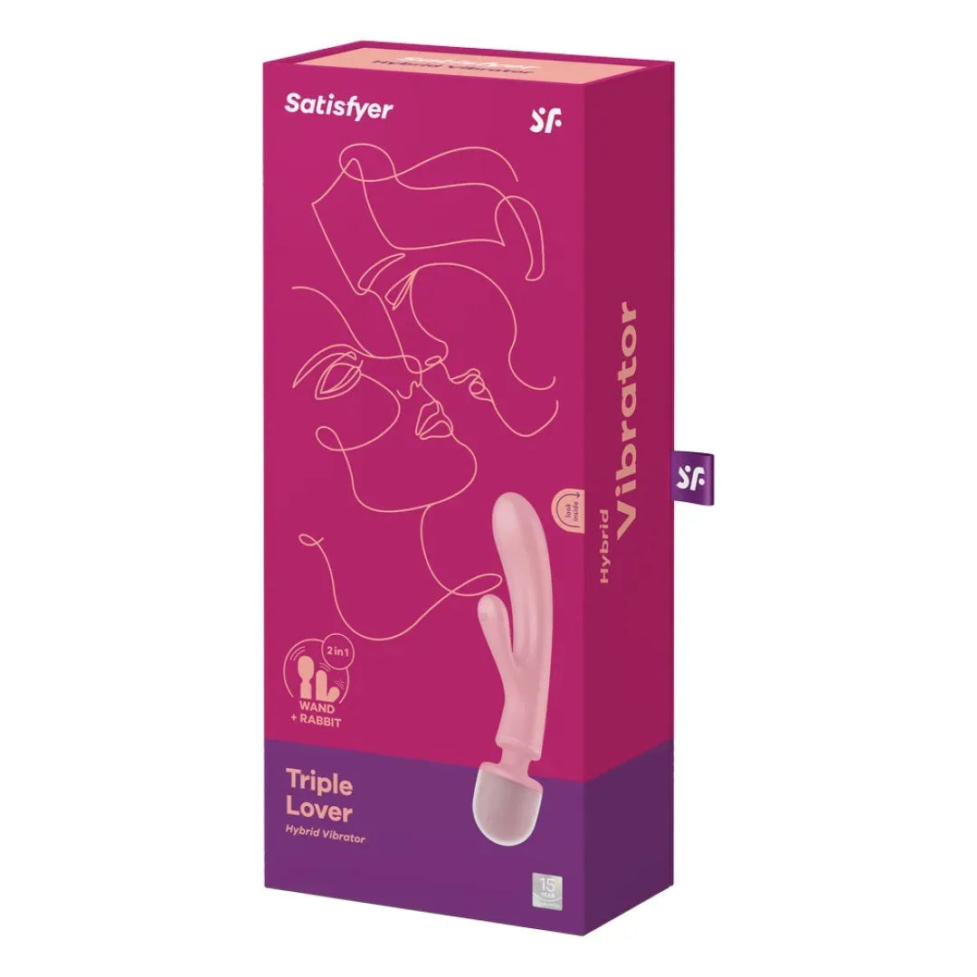 Vibromasseur hybride rose 2-en-1 Rabbit et Wand, USB rechargeable, silicone doux, Satisfyer Triple Lover.
