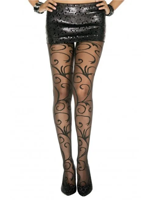 Collant fantaisie noir nylon avec fioritures