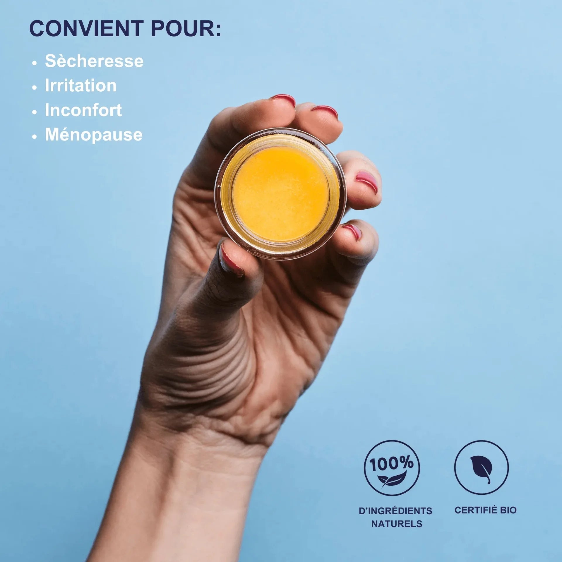 Baume intime bio pour sécheresse vulvaire, apaisant irritation et inconfort, certifié 100% naturel.