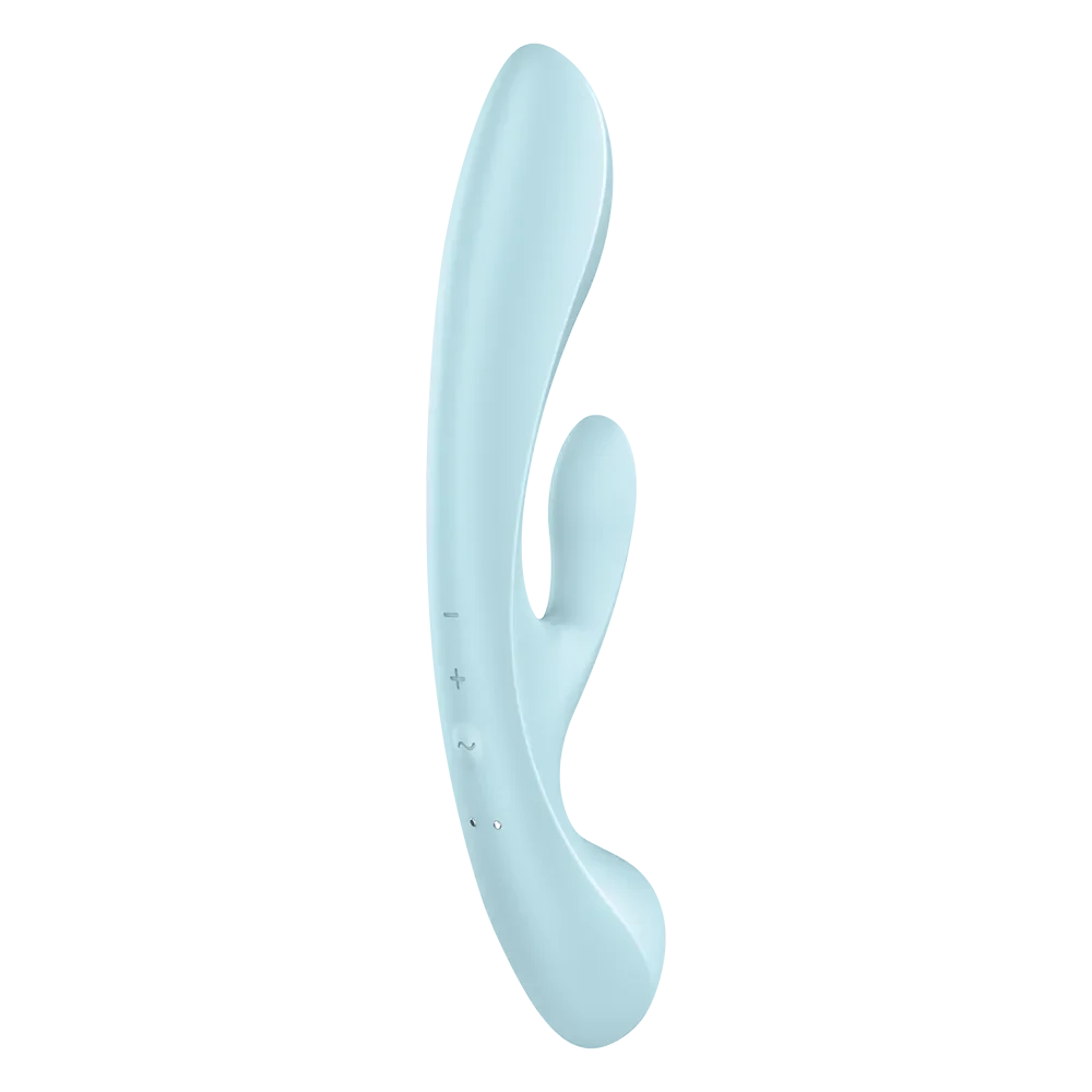 Vibromasseur bleu en silicone avec stimulateur de clitoris, polyvalent et rechargeable par USB.
