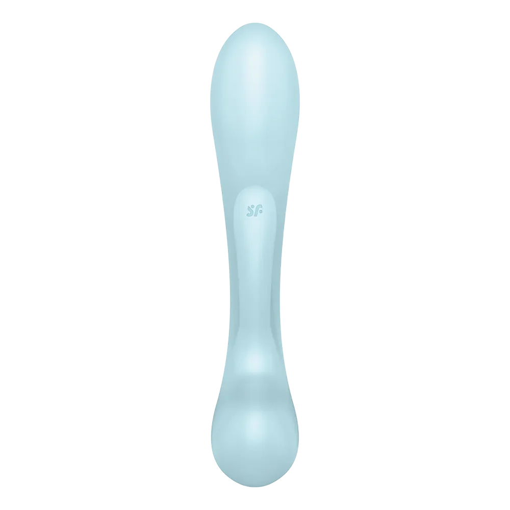 Vibromasseur ergonomique bleu en silicone, étanche et rechargeable par USB pour stimulation polyvalente.