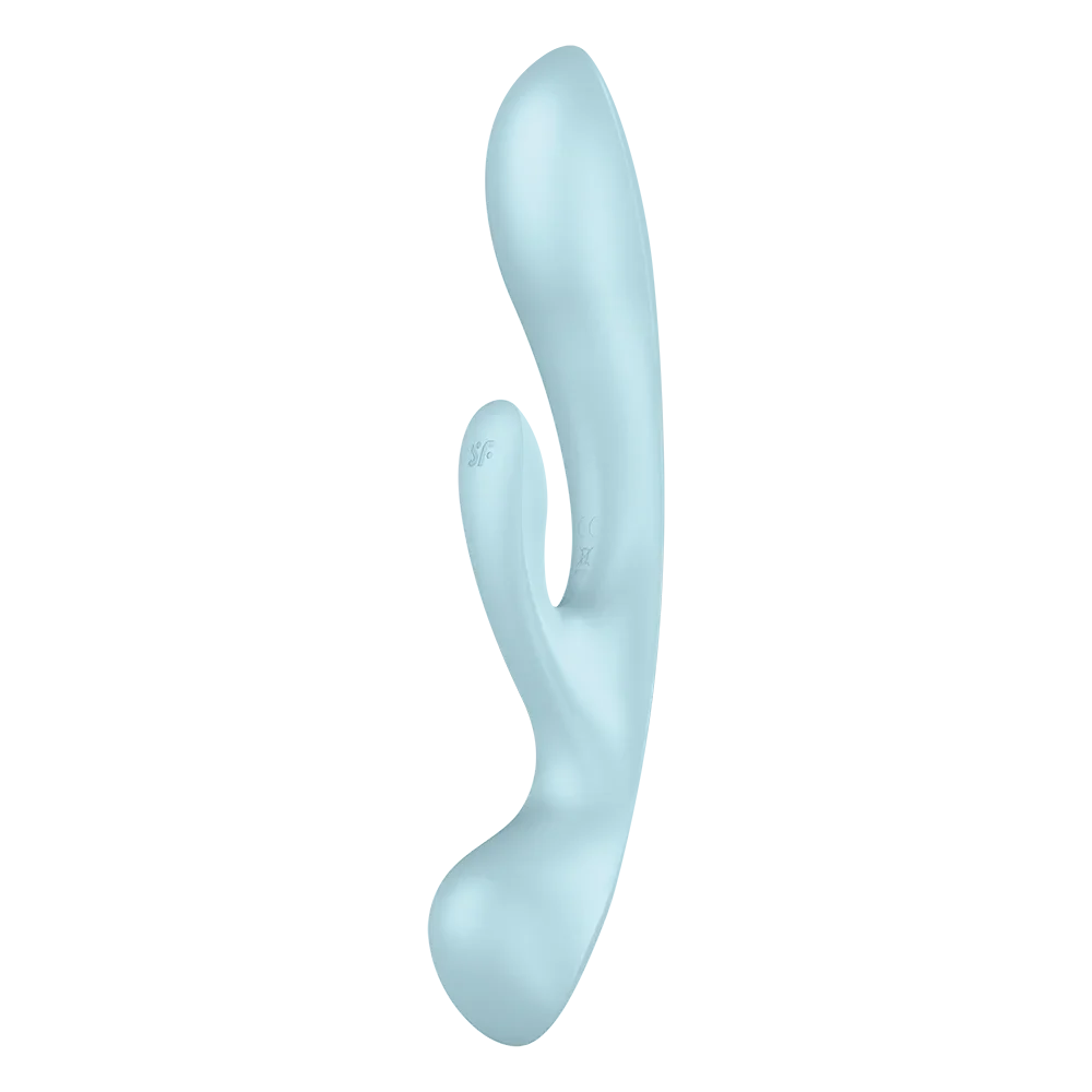 Vibromasseur rabbit bleu avec stimulateur clitoridien et wand USB, intime, waterproof et ergonomique.