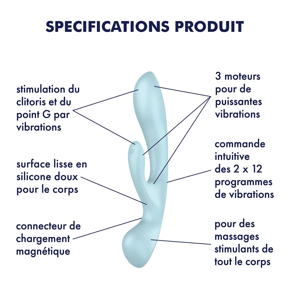Vibromasseur en silicone doux bleu, stimulation clitoridienne et point G, 3 moteurs, programmes variés, recharge magnétique.
