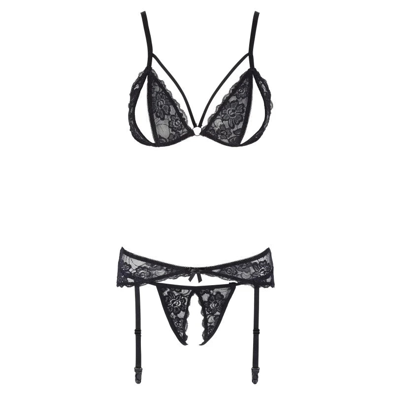 Ensemble trois pièces avec soutien-gorge fendu, porte-jarretelles et string noir