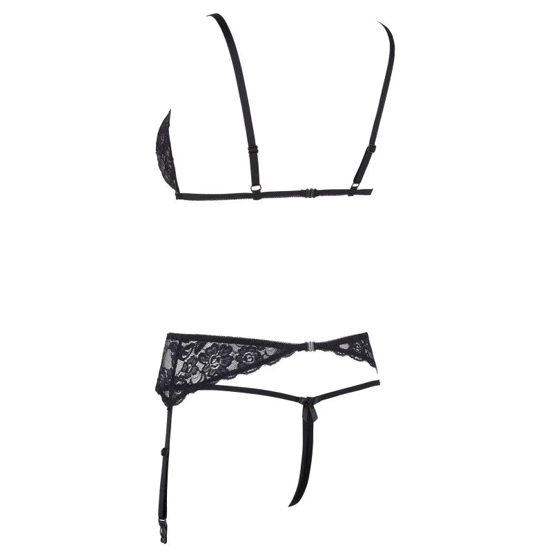 Ensemble trois pièces avec soutien-gorge fendu, porte-jarretelles et string noir