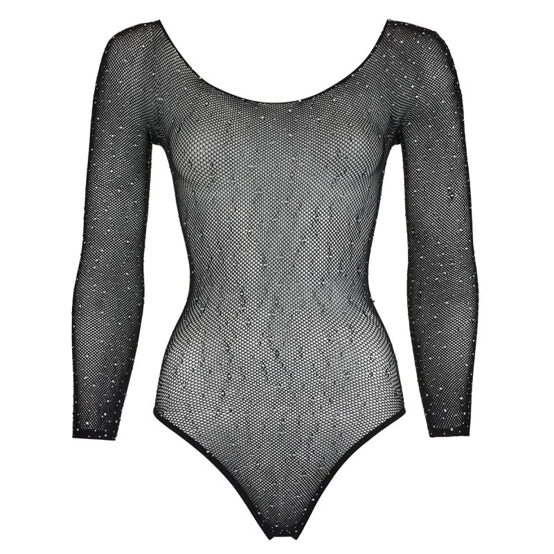 Body string à manches longues en résille avec strass