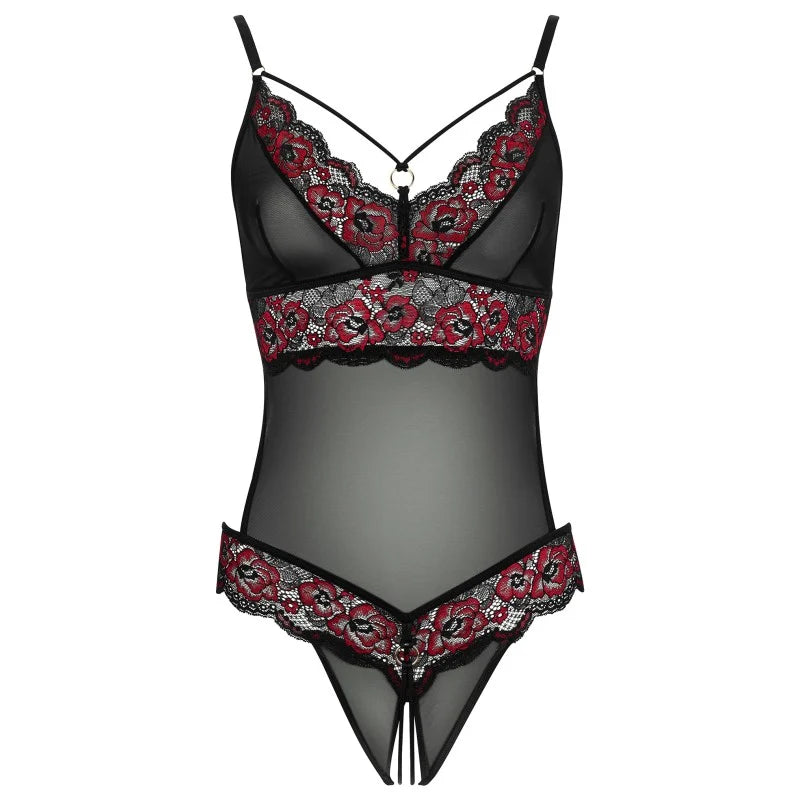 Body string en dentelle florale bicolore et résille