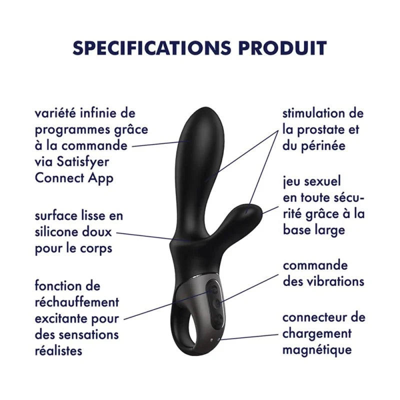 Vibromasseur rabbit noir USB, chauffant et connecté Heat Climax+ Satisfyer