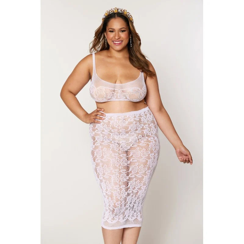 Ensemble 2 pièces grande taille, brassière résille fantaisie et jupe longue assorti