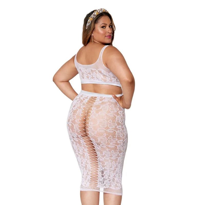 Ensemble 2 pièces grande taille, brassière résille fantaisie et jupe longue assorti