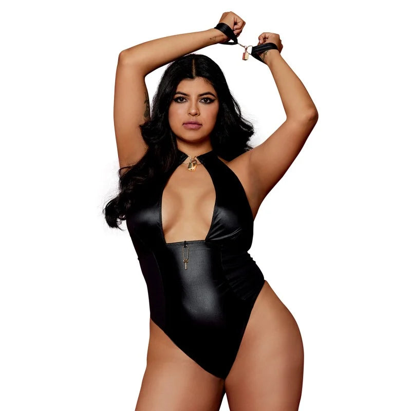 Body wetlook noir grande taille avec menottes, cadenas bijoux et clé bijou inclus
