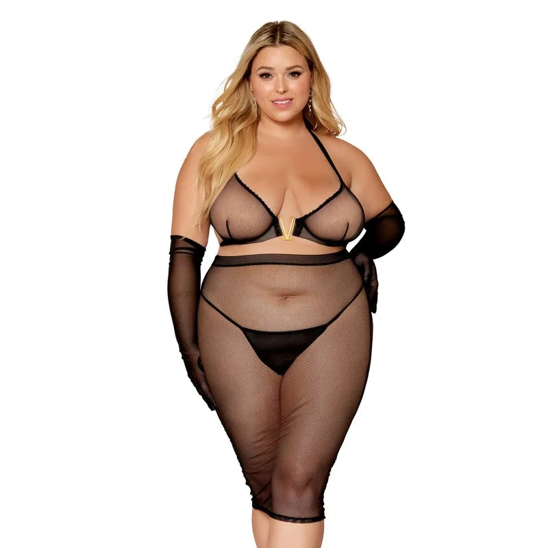 Ensemble 2 pièces grande taille, soutien gorge et jupe longue transparente noir