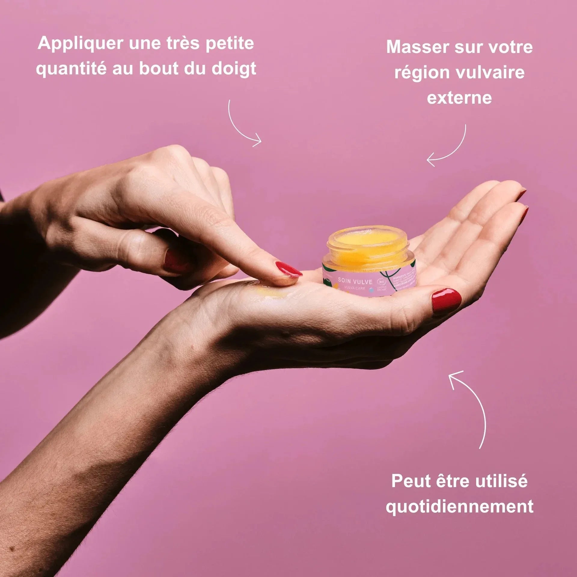 Crème soin vulve hydratante, application quotidienne, texture douce, soulagement irritation intime.