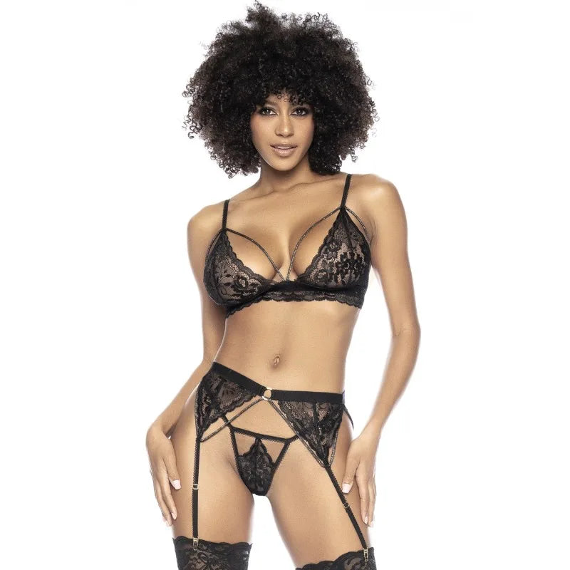 Ensemble 3 pièces en fine dentelle florale noire