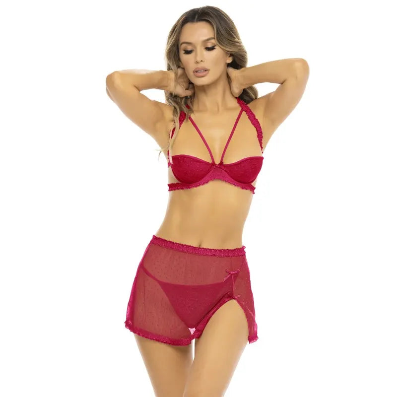 Ensemble 3 pièces rouge, soutien gorge, jupette et string