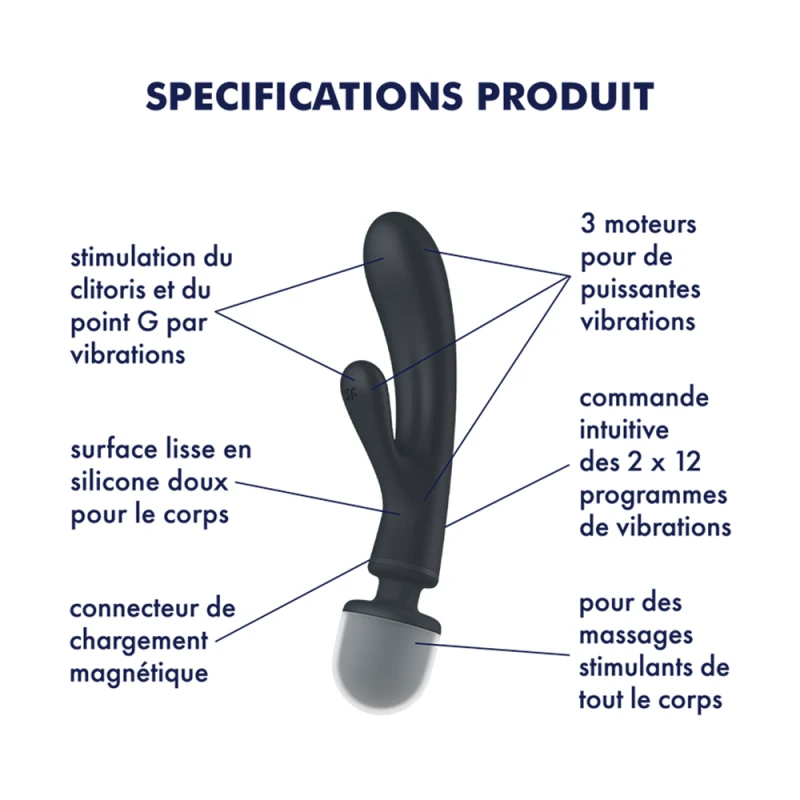2 en 1 Vibromasseur rabbit et wand noir USB Triple Lover Satisfyer