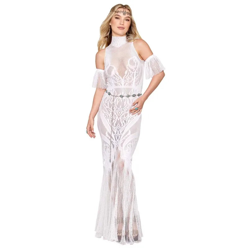 Robe bodystocking en résille et dentelle blanche