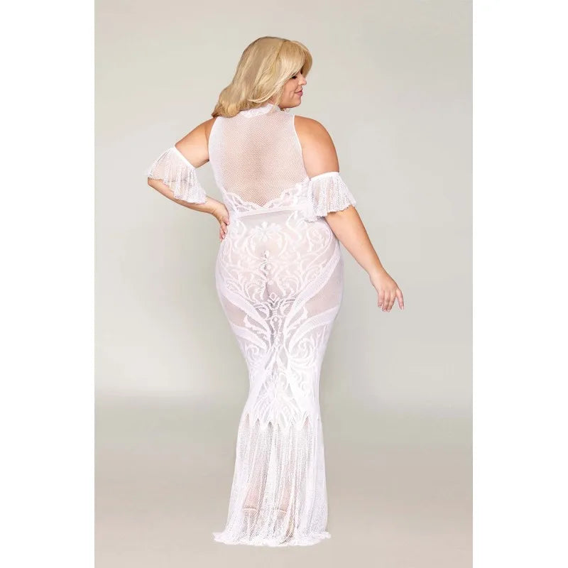 Robe bodystocking, grande taille, en résille t dentelle blanche