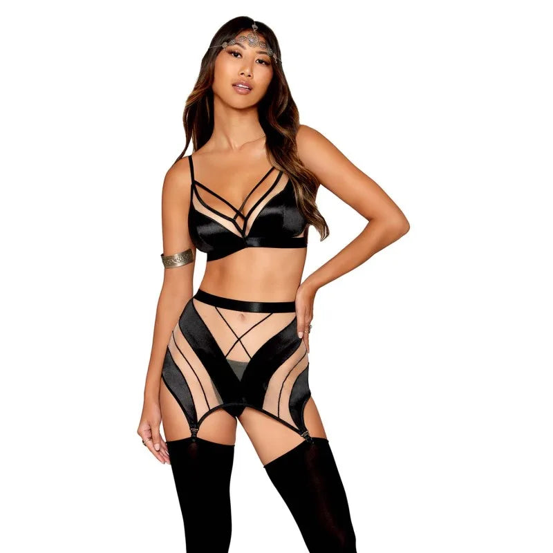 Ensemble Soutien-gorge, jupe porte-jarretelles, string - DG13377BLK