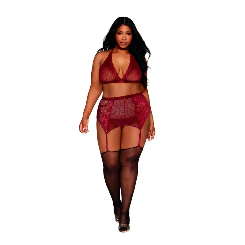 Ensemble 4 pièces grande taille soutien gorge, tour de cou, string et porte jarretelles rouge