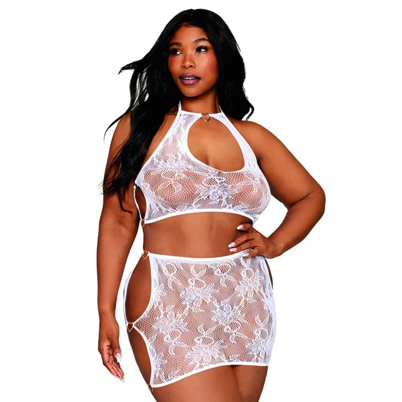 Ensemble 2 pièces grande taille top et jupe en résille fantaisie blanche