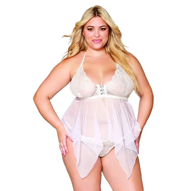 Babydoll et string grande taille en résille et dentelle blanche