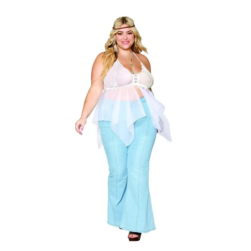 Babydoll et string grande taille en résille et dentelle blanche