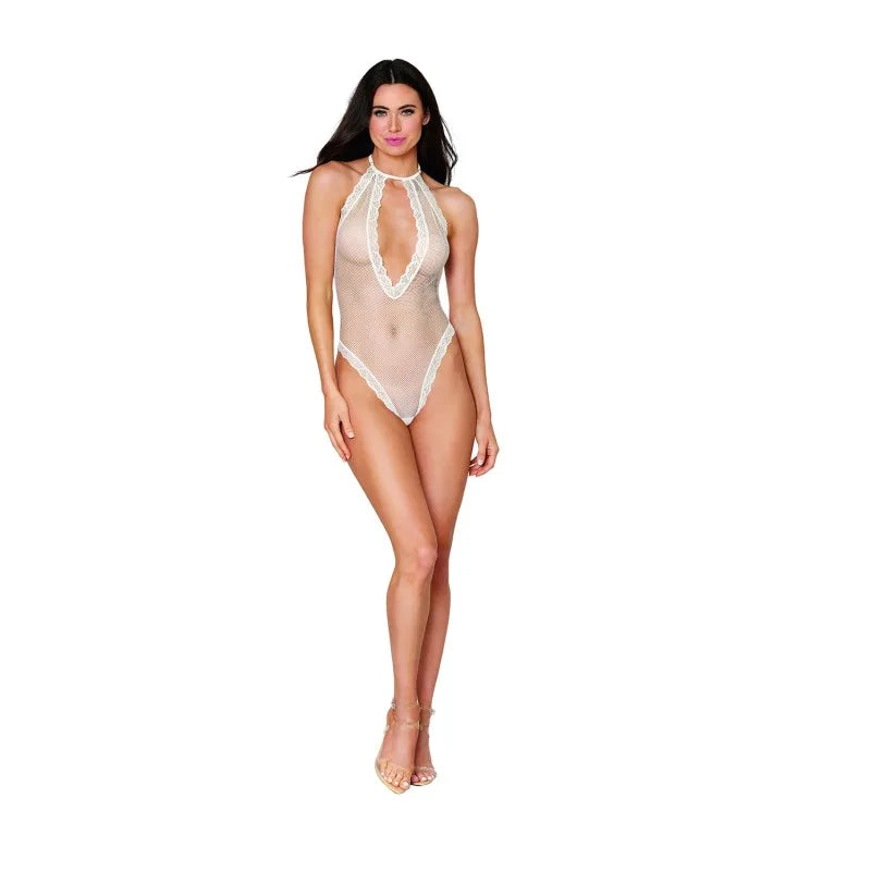 Body blanc résille et dentelle avec perles dans le dos