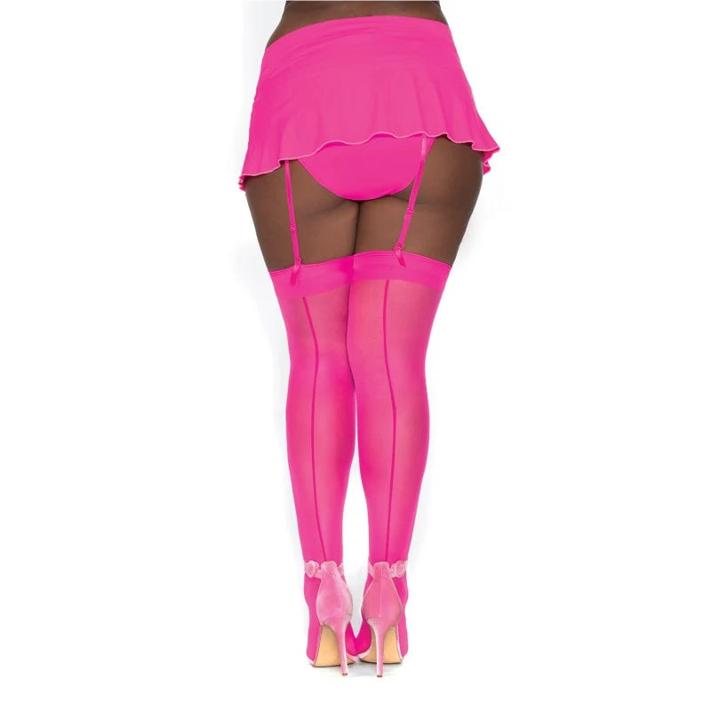 Bas nylon rose néon coutures pour jarretelles