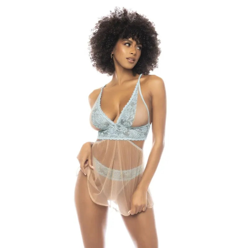 2 en 1 Nuisette et ensemble 2 piÚces Abilene en dentelle et résille transparente - MAL7541LBLN
