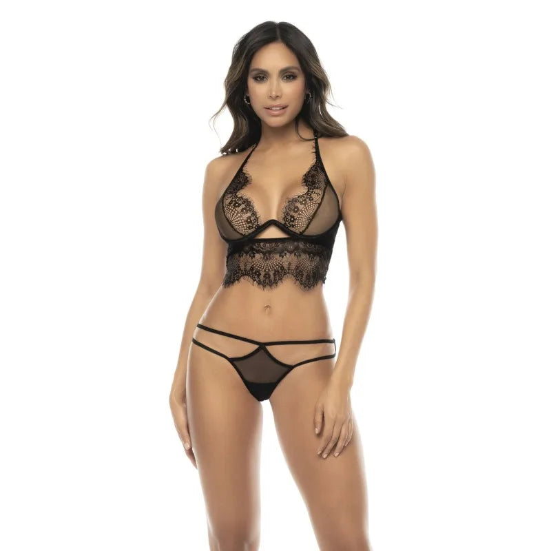 2 en 1 Nuisette et ensemble 2 piÚces en dentelle et résille, soutien gorge avec armatures, string et une jupe - MAL7551BLK