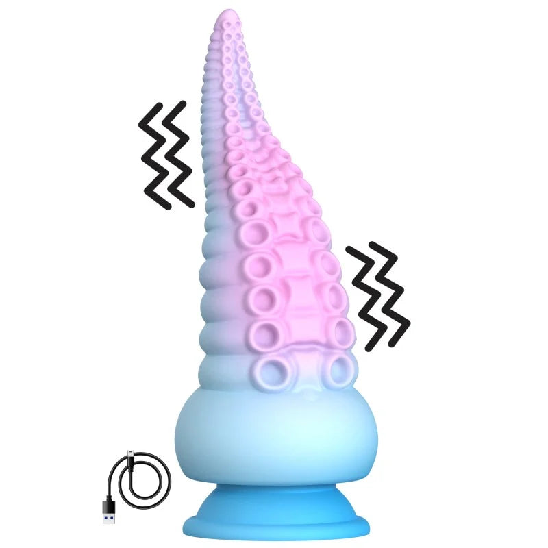Gode ventouse tentacule Kraken vibrant 18 cm rose et bleu USB