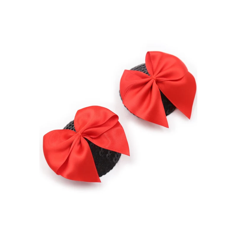 Paire de cache tétons adhésifs noir avec nœud papillon rouge