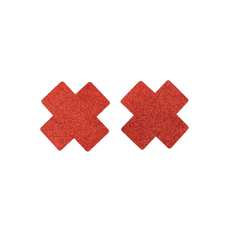 Paire de cache tétons adhésifs croix pailletée rouge