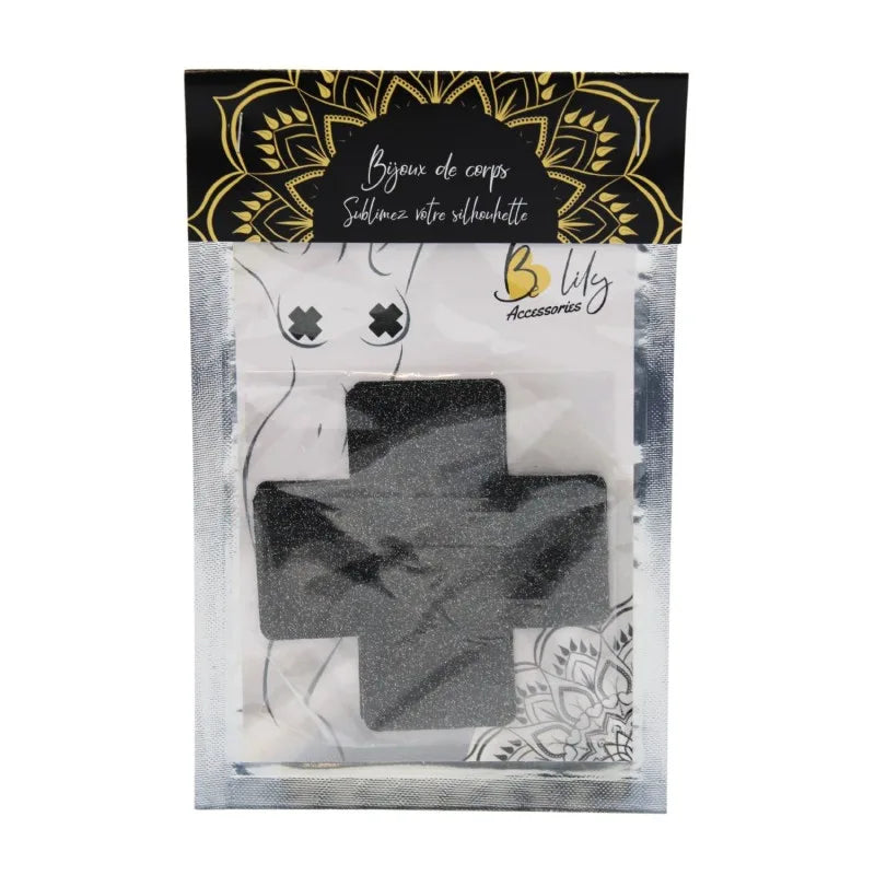 Paire de cache tétons adhésifs croix pailletée noir
