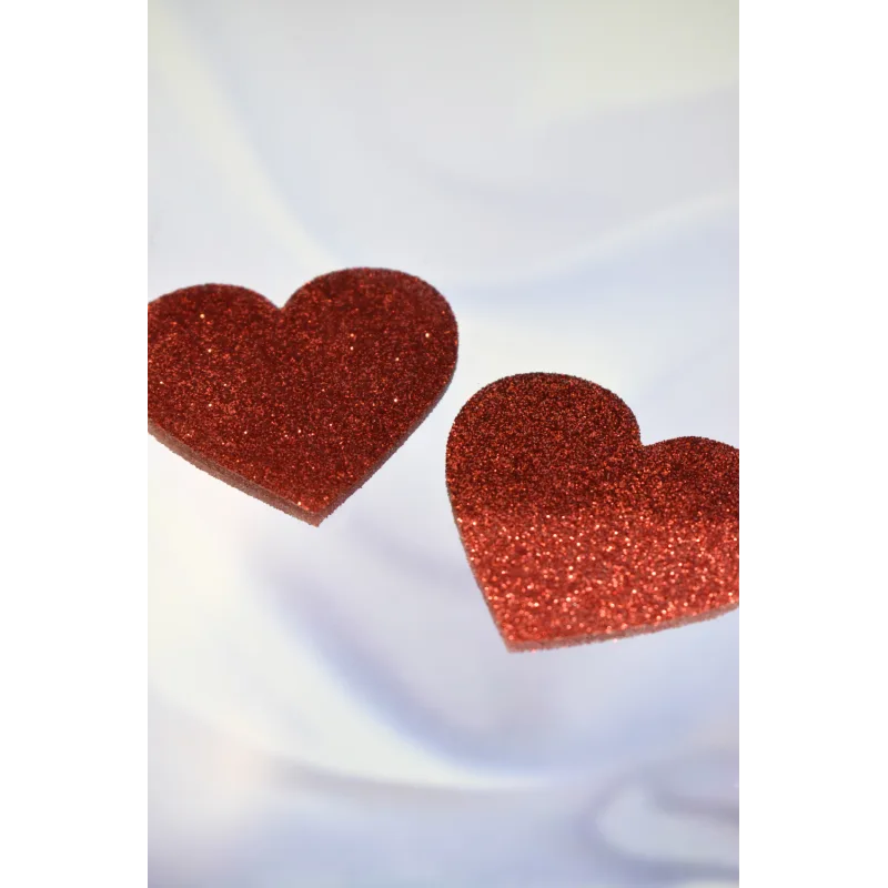 Paire de cache tétons adhésifs coeur pailleté rouge