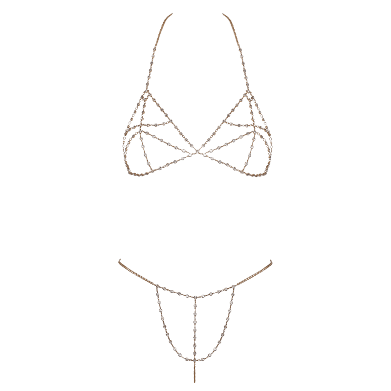 Soutien-gorge et string bijoux en chaînettes dorées et strass irisés