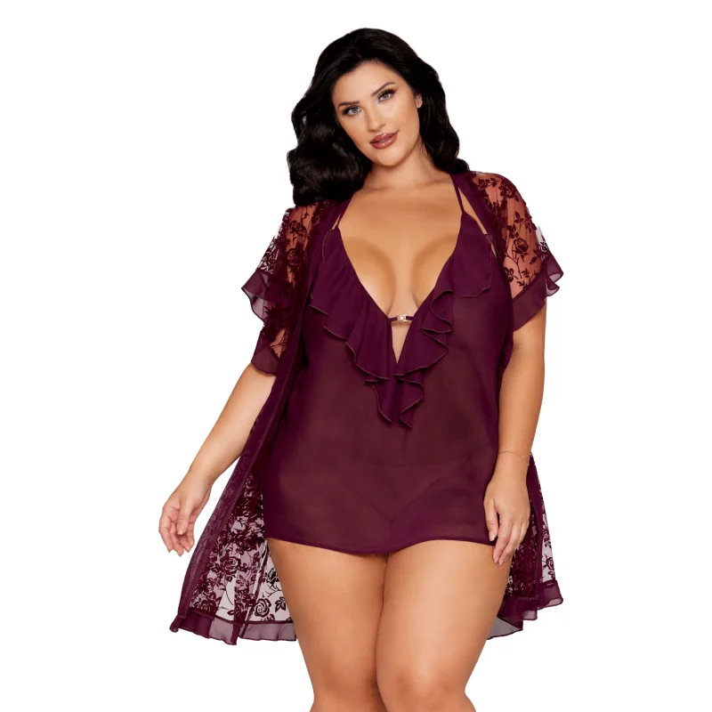 Nuisette et peignoir grande taille couleur aubergine
