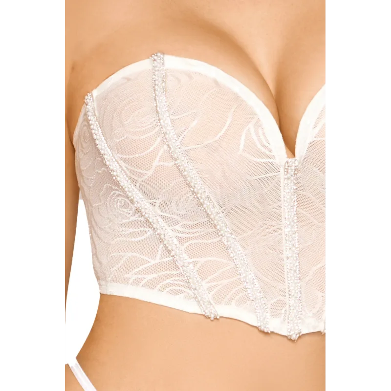 Bustier blanc avec perles et strass, bretelles transparentes amovibles