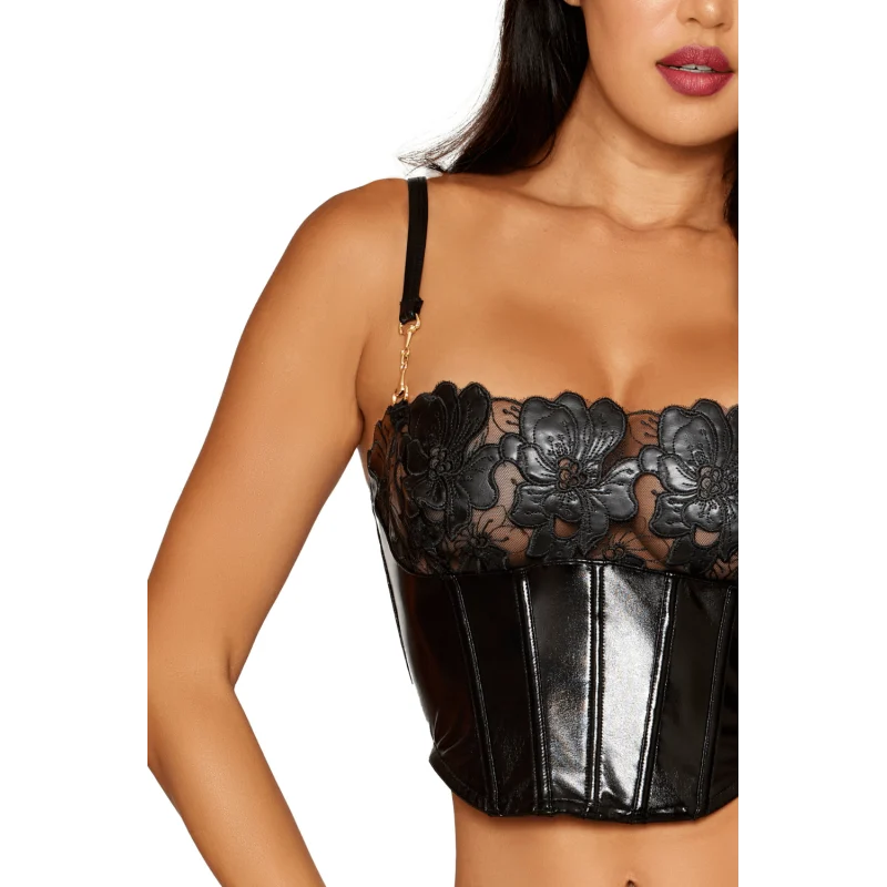 Bustier noir avec armatures en simili cuir, string assorti