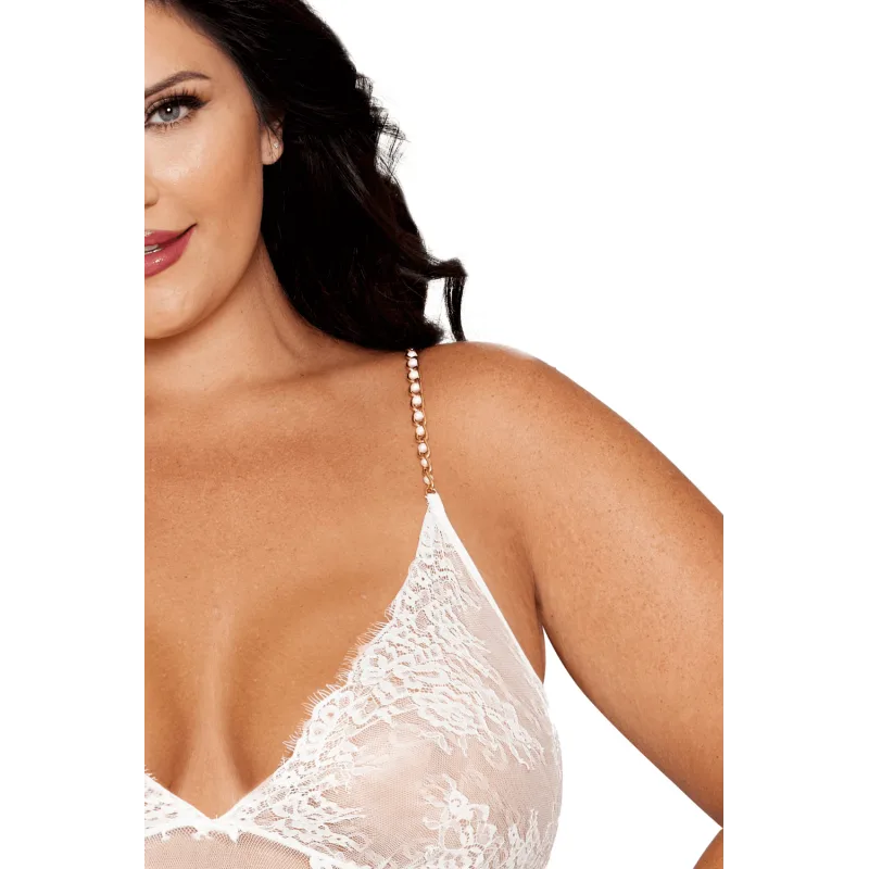 Nuisette longue blanche grande taille en dentelle florale, string assorti