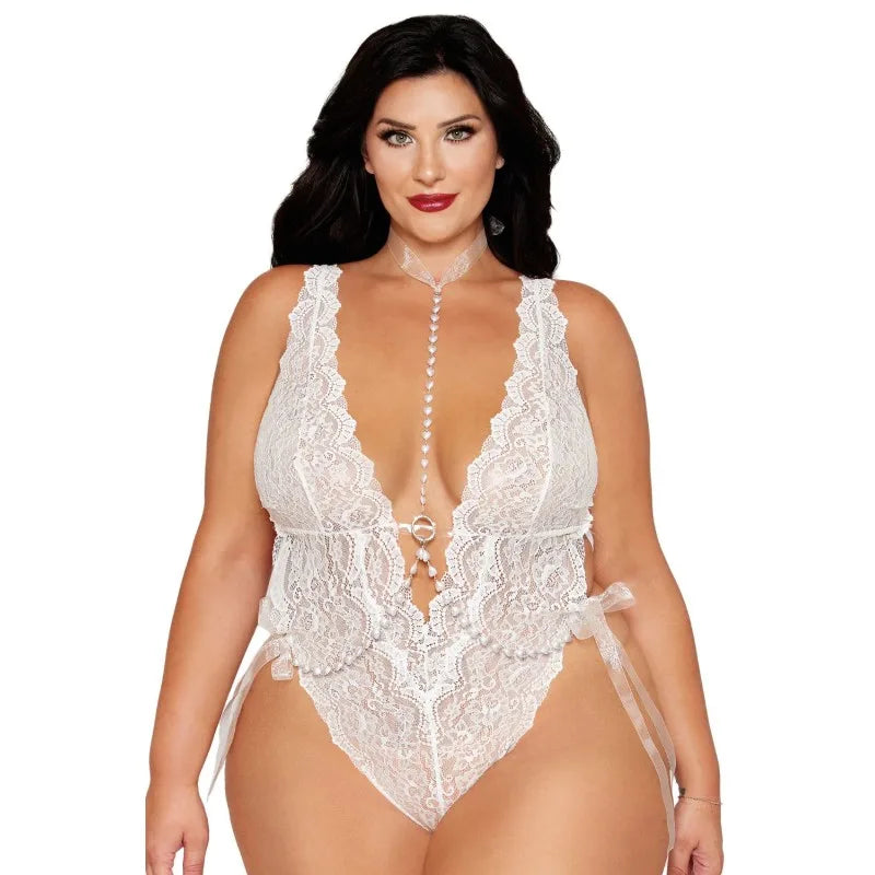 Ensemble 2 pièces grande taille, body dentelle blanc et chainettes bijou de corps perles blanches