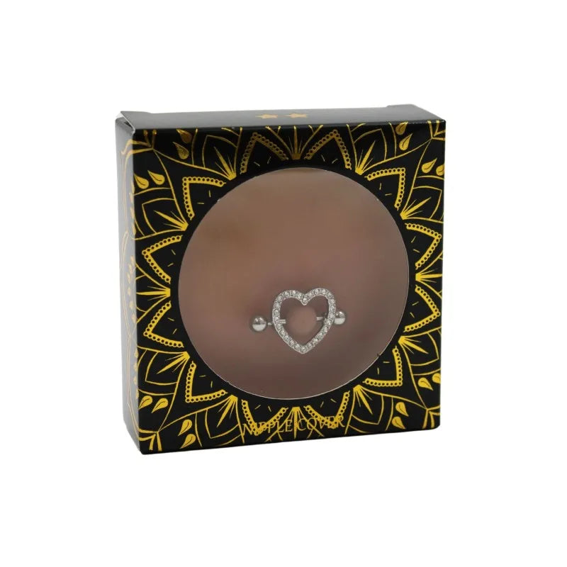 Paire de cache-tétons piercing barre coeur faux diamant peau métisse