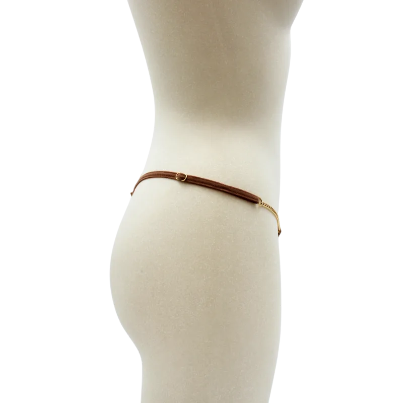 String en dentelle taupe ouvert avec chaînes dorées